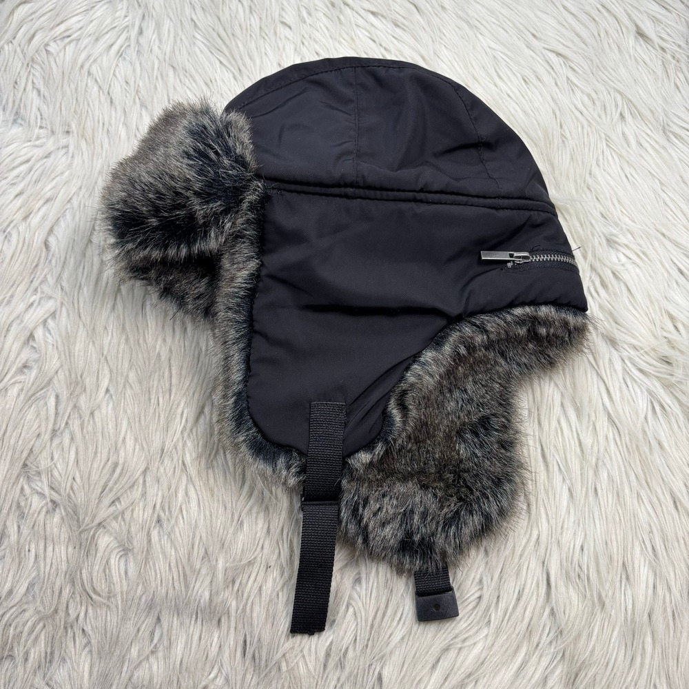 H&M Women's OS Black Nylon Faux Fur Trim Trapper Aviator Hat Ear Flap Winter